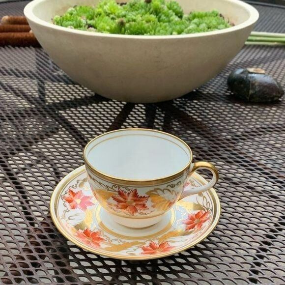 Royal Chelsea Orange Poppy Teacup Set Gold Scroll - Picture 1 of 4